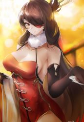 Rule 34 | 1girl, bare shoulders, beidou (genshin impact), black gloves, blurry, blurry background, breasts, brown eyelashes, brown hair, chinese clothes, cleavage, closed mouth, commentary, dress, earrings, elbow gloves, english commentary, eyepatch, genshin impact, gloves, hair ornament, hair over one eye, hair stick, hairpin, highres, hand grab, jewelry, large breasts, long hair, one eye covered, orange eyes, red dress, colored eyepatch, redrawn, side slit, solo, thighs, tommy (kingdukeee)
