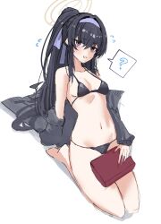 Rule 34 | 1girl, ?, bags under eyes, bikini, black bikini, black hair, blue archive, blue eyes, blue hairband, blush, breasts, grey sweater, hairband, highres, horn/wood, long hair, looking at viewer, off shoulder, ponytail, small breasts, solo, spoken question mark, sweater, swimsuit, ui (blue archive), ui (swimsuit) (blue archive), very long hair