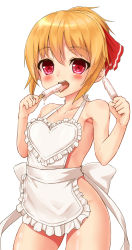 Rule 34 | 1girl, alternate hairstyle, apron, blonde hair, blush, chiroshiron, food, hair ribbon, highres, licking, looking at viewer, melting, naked apron, open mouth, ponytail, popsicle, red eyes, ribbon, rumia, sash, sexually suggestive, short hair, simple background, solo, tongue, tongue out, touhou, white background