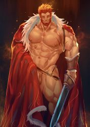 Rule 34 | 1boy, abs, bara, beard, cape, facial hair, fate/grand order, fate/zero, fate (series), highres, iskandar (fate), lander (randa), large pectorals, male focus, manly, muscular, naked cape, nipples, pectorals, penis, penis peek, red eyes, red hair, short hair, solo, sword, testicles, thick thighs, thighs, topless male, weapon