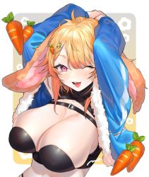 Rule 34 | 1girl, arms up, blue jacket, bonnie (bunny gif), breasts, brown hair, carrot, carrot hair ornament, cleavage, food-themed hair ornament, fur trim, hair ornament, hairclip, highres, indie virtual youtuber, jacket, large breasts, makita (vector1525), navel, one eye closed, open mouth, purple eyes, shadow, smile, solo, upper body, virtual youtuber