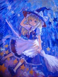 Rule 34 | 1girl, absurdres, acrylic paint (medium), ama-tou, apron, blonde hair, braid, broom, broom riding, buttons, female focus, hand on headwear, hat, highres, kirisame marisa, long hair, painting (medium), side braid, sidesaddle, smile, solo, star (symbol), touhou, traditional media, waist apron, witch, witch hat, yellow eyes