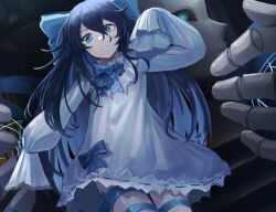 1girl absurdres black_hair blue_eyes bow doll_joints dress hair_bow highres joints large_bow leg_ribbon little_witch_nobeta long_hair looking_at_viewer ribbon sleeves_past_fingers sleeves_past_wrists solo tadano_tarako tania_(little_witch_nobeta) white_dress