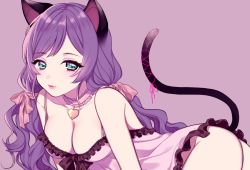 Rule 34 | 10s, 1girl, animal ears, ass, breasts, butt crack, cat ears, cat tail, choker, cleavage, eyeliner, green eyes, lingerie, lipgloss, long hair, love live!, love live! school idol project, makeup, negligee, nerunnn, purple background, purple hair, purple theme, solo, tail, tojo nozomi, twintails, underwear
