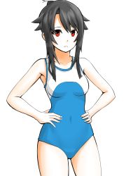 Rule 34 | 1girl, 30-06, black hair, blue one-piece swimsuit, breasts, hands on own hips, high school fleet, highres, long hair, looking at viewer, munetani mashiro, one-piece swimsuit, ponytail, red eyes, simple background, small breasts, solo, swimsuit, white background
