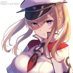 Rule 34 | 1girl, anchor, artist name, blonde hair, capelet, cross, dated, graf zeppelin (kancolle), hair between eyes, haruka faraway716, hat, highres, iron cross, kantai collection, looking at viewer, military, military hat, military uniform, one-hour drawing challenge, peaked cap, sidelocks, simple background, solo, twintails, twitter username, uniform, upper body, white background