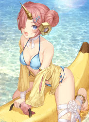 Rule 34 | 1girl, arched back, arm support, banana, banana boat, bandaged arm, bandaged leg, bandages, barefoot, bikini, bikini under clothes, blue bikini, blush, breasts, cleavage, commentary request, day, double bun, dripping, fate/apocrypha, fate (series), flower, food, frankenstein&#039;s monster (fate), frankenstein&#039;s monster (swimsuit saber) (fate), frankenstein&#039;s monster (swimsuit saber) (first ascension) (fate), fruit, hair bun, hair over one eye, headgear, highres, horns, leaning forward, looking at viewer, mashuu (neko no oyashiro), medium breasts, off shoulder, open clothes, open mouth, open shirt, outdoors, shirt, single horn, sitting, solo, spread legs, swimsuit, water, wet, yellow shirt
