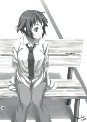 Rule 34 | 10s, 1girl, amputee, armless amputee, artbook, bench, double amputee, greyscale, highres, kamifish, katawa shoujo, knees together feet apart, legs together, monochrome, necktie, official art, pants, school uniform, shirt, short hair, sitting, solo, tezuka rin, tied shirt
