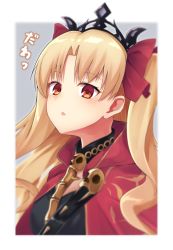 Rule 34 | 1girl, black dress, blonde hair, blurry, blurry background, blush, bow, breasts, cape, commentary request, depth of field, dress, ereshkigal (fate), fate/grand order, fate (series), grey background, hair bow, highres, looking at viewer, medium breasts, nenosame, parted bangs, parted lips, red bow, red cape, red eyes, skull, solo, spine, tiara, translation request, two-tone background, two side up, upper body, white background