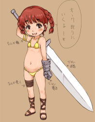 Rule 34 | 1girl, armor, bikini, bikini armor, blush, child, e10, female focus, flat chest, gloves, looking back, red hair, sandals, solo, standing, swimsuit, sword, text focus, translated, twintails, v, weapon