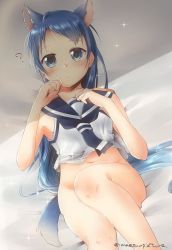 Rule 34 | ?, animal ears, bare arms, bed sheet, blue eyes, blue hair, blue neckerchief, blush, bottomless, commentary request, dog ears, dog tail, kantai collection, long hair, looking at viewer, lying, mae (maesanpicture), navel, neckerchief, on back, paw pose, sailor collar, samidare (kancolle), school uniform, serafuku, shirt, sleeveless, sleeveless shirt, solo, sparkle, swept bangs, tail, very long hair