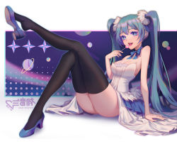 Rule 34 | 1girl, absurdres, aqua eyes, aqua hair, arm support, ass, bare shoulders, black thighhighs, breasts, candy, chinese commentary, choker, cleavage, commentary request, crossed legs, dress, food, full body, hatsune miku, high heels, highres, jiuyin, leg up, lollipop, long hair, looking at viewer, medium breasts, official alternate costume, outside border, ribbon, ribbon choker, shoe dangle, sideboob, solo, strapless, strapless dress, thighhighs, thighs, tongue, tongue out, twintails, very long hair, vocaloid, white dress