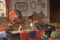 Rule 34 | 1girl, asymmetrical bangs, black hat, blue flower, book, brown hair, candle, closed mouth, coffin, collarbone, dress, flower, hat, indoors, kagari atsuko, little witch academia, long hair, mini wings, one side up, red eyes, sitting, sleeveless, sleeveless dress, smile, solo, title, unworn hat, unworn headwear, white dress, white wings, wings, witch hat, yusheng