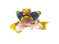 Rule 34 | 1boy, animal ears, blue hood, cape, commentary request, covered mouth, crying, crying with eyes open, disembodied limb, gear print, gloves, gold headband, kirby (series), magolor, male focus, master crown, nintendo, no humans, shirushiki, solo, teardrop, tears, white background, white cape, white gloves, wiping tears, yellow eyes, yellow trim