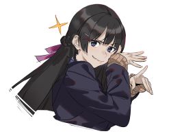 Rule 34 | 1girl, black hair, blazer, blue eyes, braid, brown sweater, cropped torso, from side, hair behind ear, hit-kun, jacket, long hair, looking at viewer, nijisanji, open hands, school uniform, solo, sparkle, sweater, tsukino mito, tsukino mito (1st costume), upper body, virtual youtuber