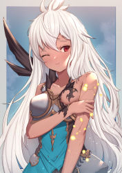 Rule 34 | 1girl, ;), arm grab, armor, bare arms, bare shoulders, blue dress, blush, boobplate, breastplate, breasts, closed mouth, collarbone, commentary request, covered erect nipples, dress, granblue fantasy, hair between eyes, highres, long hair, one eye closed, red eyes, sleeveless, sleeveless dress, small breasts, smile, solo, torn clothes, torn dress, uneg, very long hair, white hair, zooey (granblue fantasy)