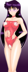 Rule 34 | 1990s (style), 1girl, bishoujo senshi sailor moon, blush, breasts, choker, earrings, embarrassed, female focus, gradient background, hino rei, jewelry, long image, nipples, one-piece swimsuit, pussy, retro artstyle, solo, straight neck, swimsuit, tall image, tears, torn clothes