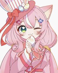 Rule 34 | 1girl, :3, animal ears, blush, cat ears, coat, commentary, green eyes, hair between eyes, hat, highres, long hair, looking at viewer, low twintails, nijisanji, nijisanji kr, one eye closed, pink coat, pink hair, smile, solo, ssgw0, symbol-only commentary, top hat, twintails, very long hair, virtual youtuber, white background, yang nari
