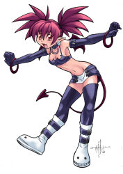 Rule 34 | 00s, 1girl, black gloves, black thighhighs, boots, bracelet, breasts, cleavage, clenched hands, collar, demon, demon girl, demon tail, demon wings, disgaea, earrings, elbow gloves, etna (disgaea), female focus, full body, gloves, jewelry, leaning forward, looking at viewer, makai senki disgaea, miniskirt, necklace, open mouth, outstretched arms, red eyes, red hair, sharp teeth, simple background, skirt, small breasts, solo, spiked hair, standing, standing on one leg, tail, teeth, thighhighs, twintails, white background, wings