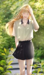 Rule 34 | 1girl, 1nonly2021, absurdres, black skirt, blonde hair, blurry, blurry background, closed eyes, colored eyelashes, grin, hand on own head, happy, highres, leaf, light particles, long hair, original, plant, school uniform, shirt tucked in, skirt, smile, solo, unbuttoned, unbuttoned shirt