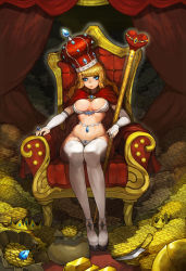 Rule 34 | 1girl, blonde hair, blue eyes, breasts, bridal gauntlets, cape, cleavage, coin, crown, dagger, female focus, full body, gem, gold, gold bar, groin, gurimjang, highres, jewelry, knife, large breasts, long hair, looking at viewer, lots of jewelry, original, outline, platform footwear, plump, queen, ring, scepter, shoes, sitting, smile, solo, thighhighs, throne, underwear, underwear only, weapon, white thighhighs, wide hips