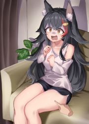 Rule 34 | 1girl, absurdres, animal ear fluff, animal ears, asymmetrical clothes, asymmetrical shirt, black hair, black shorts, clothing cutout, couch, disembodied hand, flipped hair, hair ornament, hairclip, highres, hololive, indoors, kajitsu no hito, living room, long hair, long sleeves, multicolored hair, on couch, ookami mio, ookami mio (casual), red hair, scared, shirt, short shorts, shorts, shoulder cutout, sidelocks, sitting, solo focus, spiked hair, streaked hair, tearing up, very long hair, virtual youtuber, white shirt, wolf ears, wolf girl