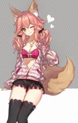 Rule 34 | 10s, 1girl, :3, ;), animal ears, arm at side, bad id, bad pixiv id, bikini, bikini top only, black shorts, black thighhighs, blush, breasts, brown eyes, chocoan, cleavage, closed mouth, collarbone, cowboy shot, fate/extella, fate/extra, fate/extra ccc, fate (series), fox ears, fox tail, frills, grey background, hair ornament, hair scrunchie, heart, highres, hood, hoodie, jacket, jewelry, long hair, looking at viewer, loungewear, low twintails, medium breasts, necklace, official alternate costume, one eye closed, open clothes, open jacket, partially unzipped, paw pose, pendant, pink bikini, pink hair, scrunchie, short shorts, shorts, sleeves past wrists, smile, solo, standing, strapless, strapless bikini, striped background, striped clothes, striped hoodie, striped jacket, swimsuit, tail, tamamo (fate), tamamo no mae (fate/extra), tamamo no mae (spring casual) (fate), tareme, thigh gap, thighhighs, thighs, tsurime, twintails, two-tone background, underwear, wavy hair, zipper