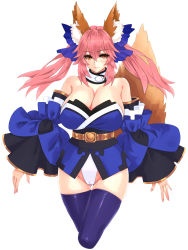 Rule 34 | 1girl, animal ear fluff, animal ears, bare shoulders, blue bow, blue kimono, blue thighhighs, blush, bow, breasts, cleavage, closed mouth, detached collar, fate/extra, fate (series), fox ears, fox girl, fox tail, hair between eyes, hair bow, hayama kazusa, highres, japanese clothes, kimono, large breasts, long hair, long sleeves, looking at viewer, obi, off shoulder, pink hair, sash, short kimono, sidelocks, simple background, smile, solo, tail, tamamo (fate), tamamo no mae (fate/extra), thighhighs, thighs, twintails, white background, wide sleeves, yellow eyes