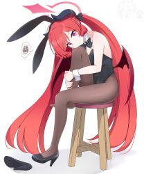 Rule 34 | 1girl, animal ears, blue archive, bow, bowtie, dango, demon horns, demon wings, food, halo, high heels, highres, holding leg, horns, hoshino ouka, junko (blue archive), leotard, long hair, pantyhose, playboy bunny, purple hair, rabbit ears, red hair, sensei (blue archive), shoes, single shoe, sitting, spoken squiggle, squiggle, stool, twintails, very long hair, wagashi, wings, wrist cuffs