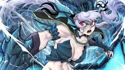 Rule 34 | 1girl, absurdres, angry, armor, black capelet, black clover, breasts, capelet, cleavage, crown, grey hair, highres, horns, large breasts, limn044, long hair, mini crown, navel, noelle silva, red eyes, slit pupils, solo, twintails