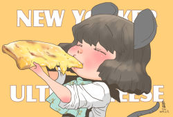 Rule 34 | 1girl, animal ears, blush, cheese, eating, english text, closed eyes, female focus, food, grey hair, mouse ears, mouse tail, nazrin, onikobe rin, pizza, short hair, solo, tail, touhou, upper body