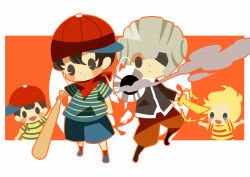 Rule 34 | 4boys, aiming, aiming at viewer, arm cannon, arms up, baseball bat, black footwear, black hair, blonde hair, blue footwear, blue shorts, blush stickers, brown pants, closed mouth, full body, helmet, hitofutarai, holding, holding baseball bat, holding sword, holding weapon, lucas (mother 3), male focus, masked man (mother 3), mother (game), mother 1, mother 2, mother 3, multiple boys, ness (mother 2), ninten, nintendo, open mouth, pac-man eyes, pants, red headwear, red socks, shirt, shorts, smoke, socks, solid oval eyes, striped clothes, striped shirt, sword, weapon
