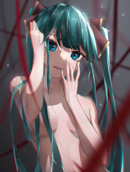 Rule 34 | 1girl, aqua hair, blue eyes, breasts, chromatic aberration, collarbone, convenient censoring, hair censor, hair over breasts, hair over one breast, hatsune miku, highres, long hair, nude, open mouth, ponkotu 001, small breasts, solo, twintails, upper body, very long hair, vocaloid