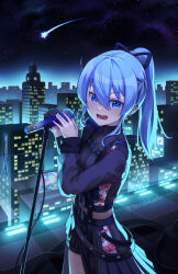 Rule 34 | 1girl, backlighting, black gloves, black shirt, black shorts, blue eyes, blue hair, cable, chest belt, city lights, cowboy shot, floral print, gloves, hair between eyes, hair ribbon, high ponytail, highres, holding, holding microphone, hololive, hoshimachi suisei, hoshimachi suisei (shout in crisis), long sleeves, looking at viewer, microphone, microphone stand, night, night sky, official alternate costume, official alternate hairstyle, open mouth, outdoors, overskirt, ponytail, ribbon, see-through, shirakawafel, shirt, shooting star, short shorts, shorts, sidelocks, single glove, sky, skyline, smile, solo, standing, star (sky), star (symbol), star in eye, starry sky, symbol in eye, twitter username, virtual youtuber
