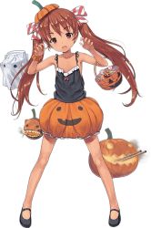 Rule 34 | 10s, 1girl, :d, abyssal ship, bow, brown eyes, brown hair, candy, dark-skinned female, dark skin, enemy aircraft (kancolle), food, full body, ghost, hair bow, hair ribbon, halloween, hat, headgear, jack-o&#039;-lantern, jiji (aardvark), kantai collection, libeccio (kancolle), looking at viewer, mary janes, no socks, official art, open mouth, pumpkin, pumpkin pants, ribbon, shoes, smile, smoke, solo, striped ribbon, tan, transparent background, turret, twintails