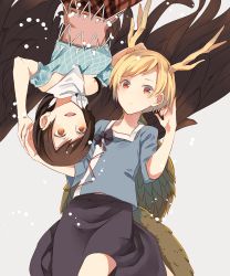 Rule 34 | 2girls, :d, antlers, atoki, bandana, bare shoulders, black skirt, black wings, blonde hair, blue shirt, blush, breasts, brown hair, brown skirt, commentary request, cowboy shot, dragon horns, dragon tail, feathered wings, grey background, hand up, highres, horns, kicchou yachie, kurokoma saki, looking at viewer, medium breasts, multiple girls, no headwear, off-shoulder shirt, off shoulder, open mouth, red eyes, shirt, short hair, short sleeves, simple background, skirt, smile, standing, swept bangs, tail, touhou, upside-down, wings