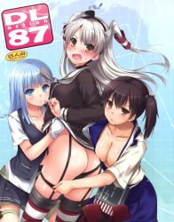 Rule 34 | !, 10s, 3girls, :o, amatsukaze (kancolle), ass, assisted exposure, asymmetrical hair, black headwear, black panties, black skirt, black vest, blue eyes, blue hair, blue skirt, blunt bangs, blush, breast press, breasts, brown eyes, brown hair, brown shirt, cleavage, clothes lift, collarbone, embarrassed, expressionless, from behind, garter straps, gloves, hairband, hat, hatsukaze (kancolle), highres, japanese clothes, kaga (kancolle), kantai collection, kimono, kneeling, large breasts, lifting another&#039;s clothes, long sleeves, looking at viewer, looking back, map, mini hat, multiple girls, nakajima yuka, open clothes, open mouth, open vest, panties, panty pull, pleated skirt, pulling another&#039;s clothes, shirt, shirt lift, short hair, short sleeves, side ponytail, skirt, smoke, sweatdrop, thigh strap, underwear, vest, white gloves, white shirt, yuri