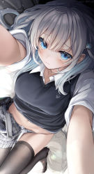 Rule 34 | 1girl, absurdres, black thighhighs, black vest, blue eyes, blush, breasts, cleavage, closed mouth, clothes lift, collared shirt, dutch angle, hair ornament, highres, knees up, large breasts, long hair, looking at viewer, lying, midriff, navel, no shoes, on back, open clothes, open skirt, original, outstretched arms, panties, raised eyebrows, school uniform, selfie, shirt, short sleeves, skirt, sleeveless, sleeveless sweater, solo, string panties, sweater, sweater lift, thighhighs, underwear, vest, white hair, white shirt, yunmi 0527