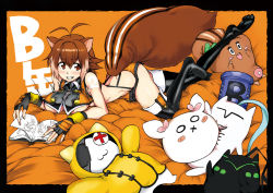 Rule 34 | 1girl, animal ears, antenna hair, bare shoulders, black thighhighs, blazblue, book, breasts, brown eyes, brown hair, character doll, fingerless gloves, gloves, highres, jubei (blazblue), makoto nanaya, no shoes, short hair, solo, squirrel ears, squirrel tail, stuffed toy, tail, tamuhime, thighhighs, underboob