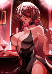 Rule 34 | alcohol, alternate hair length, alternate hairstyle, cup, dress, drinking glass, highres, jishaku (mag 315), licking lips, meiko (vocaloid), one eye covered, red dress, red eyes, red hair, tongue, tongue out, vocaloid, wine glass
