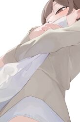 1girl blunt_bangs brown_eyes brown_hair brown_shirt commentary_request highres hiroki_(yyqw7151) holding holding_pillow long_sleeves original panties pillow shirt short_hair simple_background solo underwear white_background white_panties