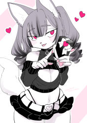 Rule 34 | 1girl, animal ears, belt, black hair, black skirt, body fur, bow, breasts, bright pupils, cleavage cutout, clothing cutout, detached sleeves, fang, furry, furry female, gift, grey hair, halter shirt, halterneck, head tilt, holding, holding gift, looking at viewer, medium breasts, miniskirt, multicolored hair, navel, original, pawpads, pink eyes, pointing, skin fang, skirt, solo, streaked hair, tail, tanutan (fur-ecoro3), tongue, tongue out, twintails, white belt, white bow, white fur, white pupils, wolf ears, wolf girl, wolf tail