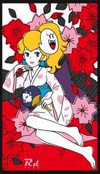 Rule 34 | 1girl, barefoot, black border, blonde hair, blooper (mario), blue eyes, boo (mario), border, closed mouth, commentary request, earrings, feet, female focus, flower, full body, hanafuda, hand fan, highres, japanese clothes, jewelry, kimono, long hair, looking at viewer, mario (series), mario kart, mario kart tour, nintendo, ponytail, princess peach, r3dfive, smile, soles, solo, toes, yukata