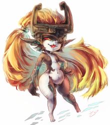 Rule 34 | 1girl, colored skin, hand on own hip, helmet, koto inari, long hair, midna, monster girl, multicolored skin, navel, nintendo, one eye covered, open mouth, pointy ears, red eyes, smile, solo, the legend of zelda, the legend of zelda: twilight princess, two-tone skin, very long hair, wide hips