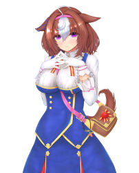 Rule 34 | 1girl, @ @, absurdres, ahoge, animal ears, bag, between breasts, breasts, brown bag, brown hair, buttons, center frills, closed mouth, commentary request, cowboy shot, double-breasted, dress, flying sweatdrops, frills, hair between eyes, hands on own chest, highres, horse ears, horse girl, horse tail, large breasts, looking at viewer, m172/minatsu, meisho doto (umamusume), multicolored hair, purple dress, purple eyes, purple ribbon, ribbon, simple background, smile, solo, strap between breasts, streaked hair, tail, umamusume, white background, white hair