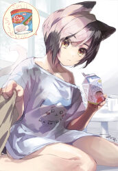 Rule 34 | 1girl, animal ear fluff, animal ears, barefoot, black hair, blue shirt, brown eyes, cat ears, cat girl, cat tail, closed mouth, commentary request, cup, drinking straw, ech, highres, holding, looking at viewer, mug, off shoulder, original, shirt, short sleeves, sitting, solo, table, tail, translation request, wariza, window