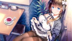 Rule 34 | 1girl, bag, black hair, black pantyhose, blue eyes, blunt bangs, breasts, brick wall, brown hair, chair, cleavage, clothes lift, collar, commentary, cup, dress, dress lift, frilled dress, frills, hair ribbon, highres, large breasts, leaf, lifted by self, long hair, looking at viewer, menu, multicolored hair, napkin, original, panties, pantyhose, parted lips, pepper shaker, plant, potted plant, rei (rei&#039;s room), ribbon, salt shaker, saucer, school bag, school uniform, side-tie panties, sidelocks, sitting, solo, spoon, sunlight, table, tea, teacup, two-tone hair, underwear, white collar, white panties, wooden floor