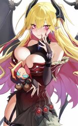 1girl bare_shoulders black_bridal_gauntlets black_leotard black_wings blonde_hair blush breasts bridal_gauntlets cleavage cleavage_cutout clothing_cutout cowboy_shot demon_girl demon_horns demon_wings dress duel_monster ear_piercing earrings enmo_takeshita fiendsmith_engraver garter_straps heart heart_earrings highres holding holding_stuffed_toy horns jewelry lacrima_the_scarlet_sorrow large_breasts leotard long_hair multicolored_hair piercing pink_hair pointy_ears red_dress simple_background skindentation solo stuffed_toy thigh_strap two-tone_hair two_side_up white_background wings yu-gi-oh!