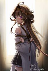 Rule 34 | 1girl, ahoge, arms behind back, blush, bound, brown hair, detached sleeves, eckert&amp;eich, frilled skirt, frills, hair bun, headgear, highres, japanese clothes, kantai collection, kongou (kancolle), leash, long hair, nontraditional miko, purple eyes, ribbon-trimmed sleeves, ribbon trim, shibari, shibari over clothes, skirt, solo, thighhighs, twitter username, wide sleeves