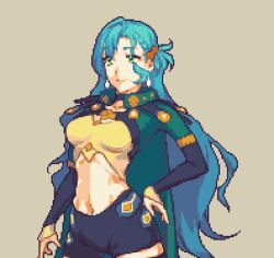 Rule 34 | 1girl, alternate costume, aqua hair, black pants, bow, breasts, chloe (fire emblem), commentary, cowboy shot, crop top, earrings, fire emblem, fire emblem engage, glaceo, green eyes, grey background, hair bow, hand on own hip, jewelry, leggings, long hair, long sleeves, medium breasts, midriff, navel, nintendo, orange bow, pants, pixel art, simple background, smile, solo, standing, stomach, very long hair